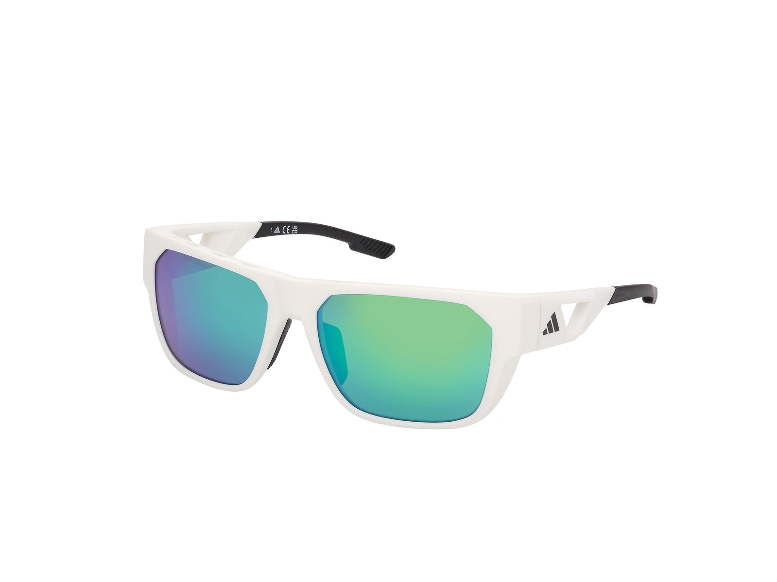 Das Bild zeigt die Adidas Sport Sonnenbrille SP0102 21Q leicht seitlich.